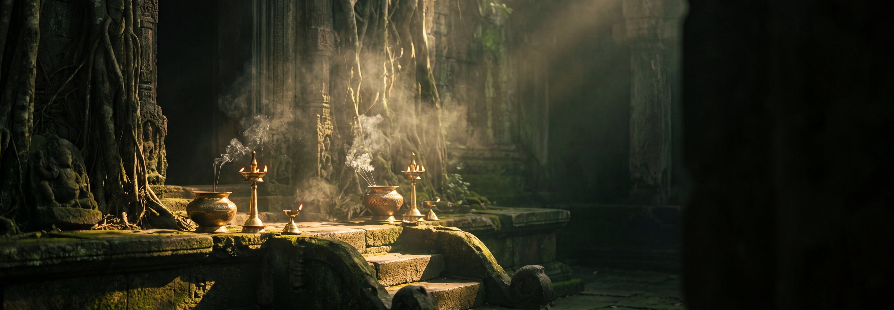 Ancient stone temple courtyard at dawn, with brass vessels and oil lamps on weathered stone steps