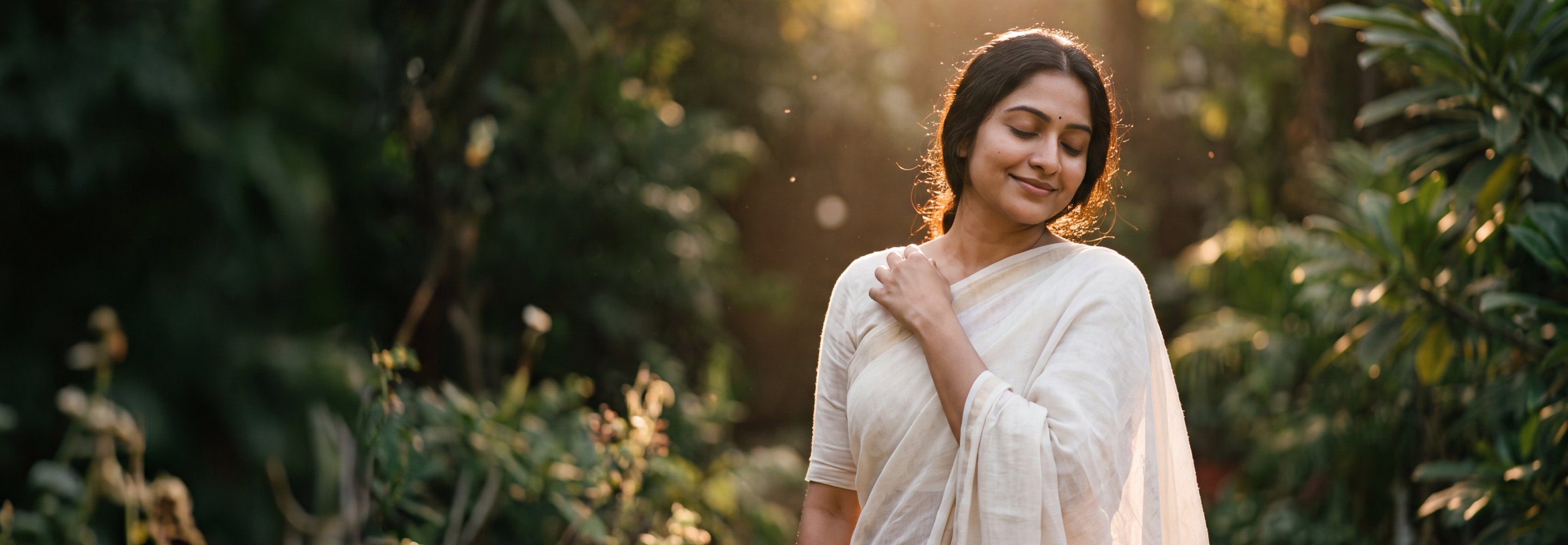 Woman in a white saree standing in a sunlit garden among green foliage